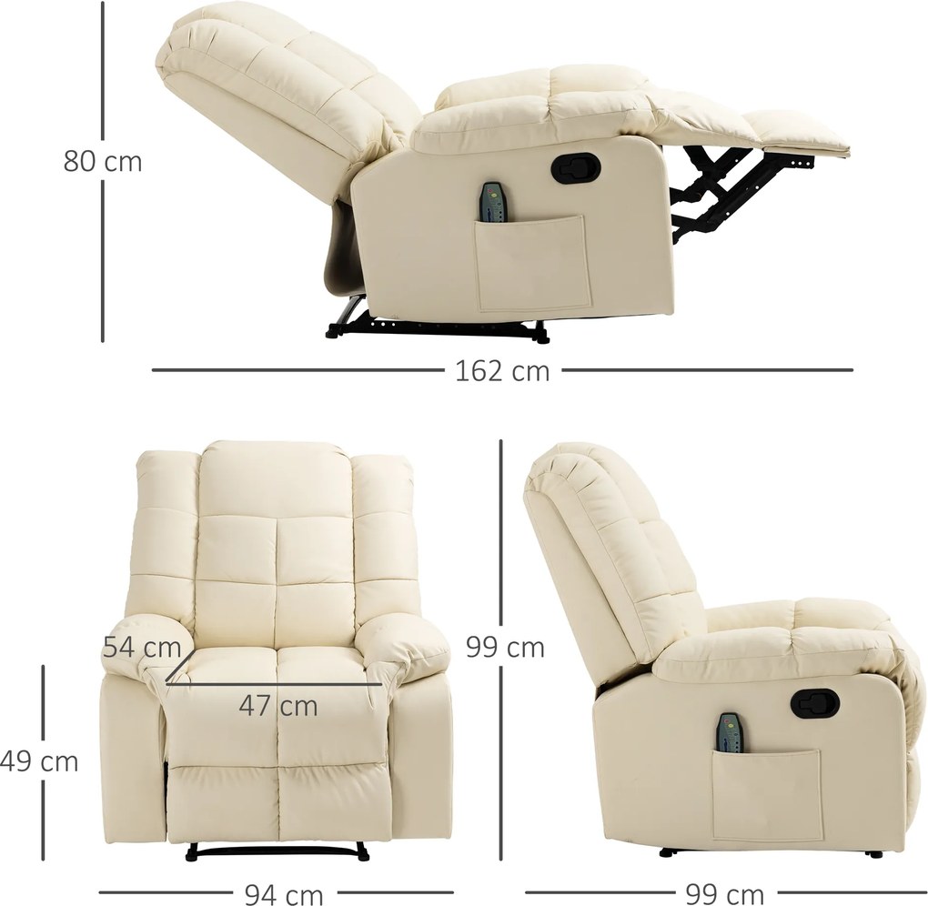 HOMCOM Fotel relaksacyjny z masażem 8 punktów wibracyjnych leżanka ekoskóra kolor kość słoniowa | Aosom PL