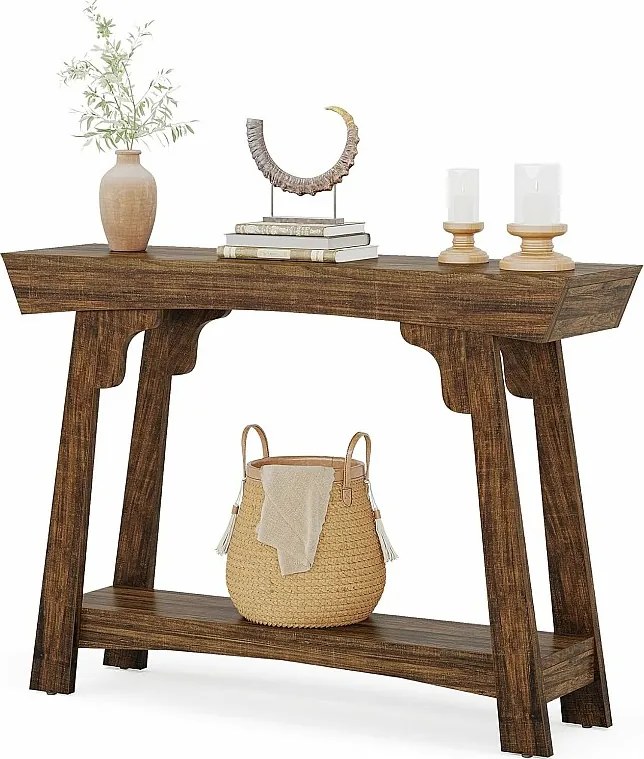 105 cm stolik konsolowy ze schowkiem, 2-poziomowy drewniany stolik konsolowy z półką, wąski, rustykalny, stolik za sofą do salonu, rustykalny brąz