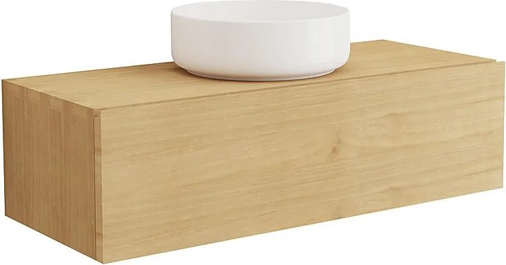 Wisząca szafka łazienkowa z drewna mindi z okrągłą umywalką nablatową ceramiczną - 95 cm - TIDORE