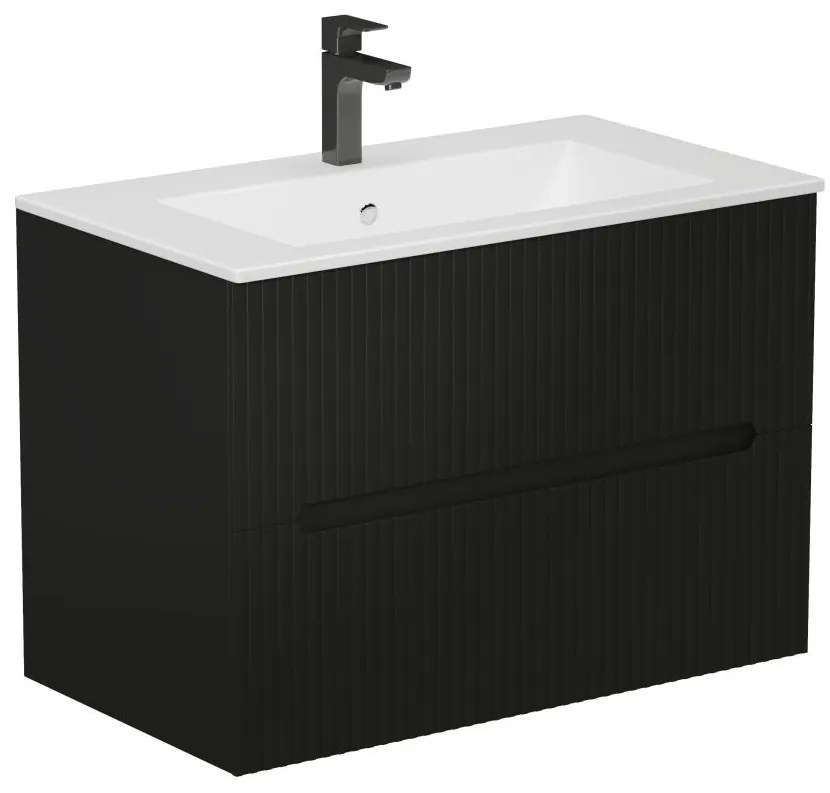 Szafka łazienkowa wisząca  z umywalką do zabudowy – ryflowana czarna – 80 cm – PAVANI