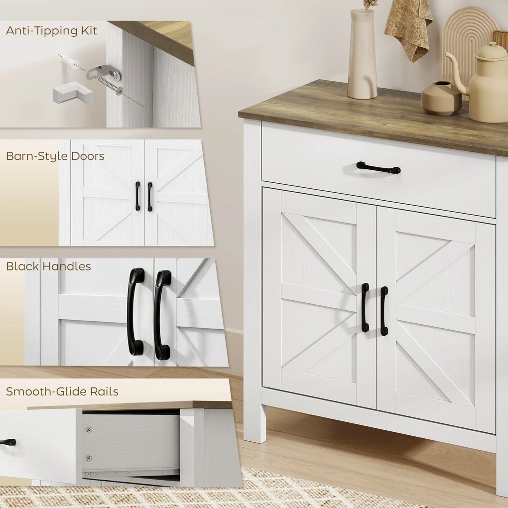 HOMCOM Komoda bufet w stylu wiejskim, szafka kuchenna z przesuwnymi drzwiami i regulowaną półką, biała | Aosom PL