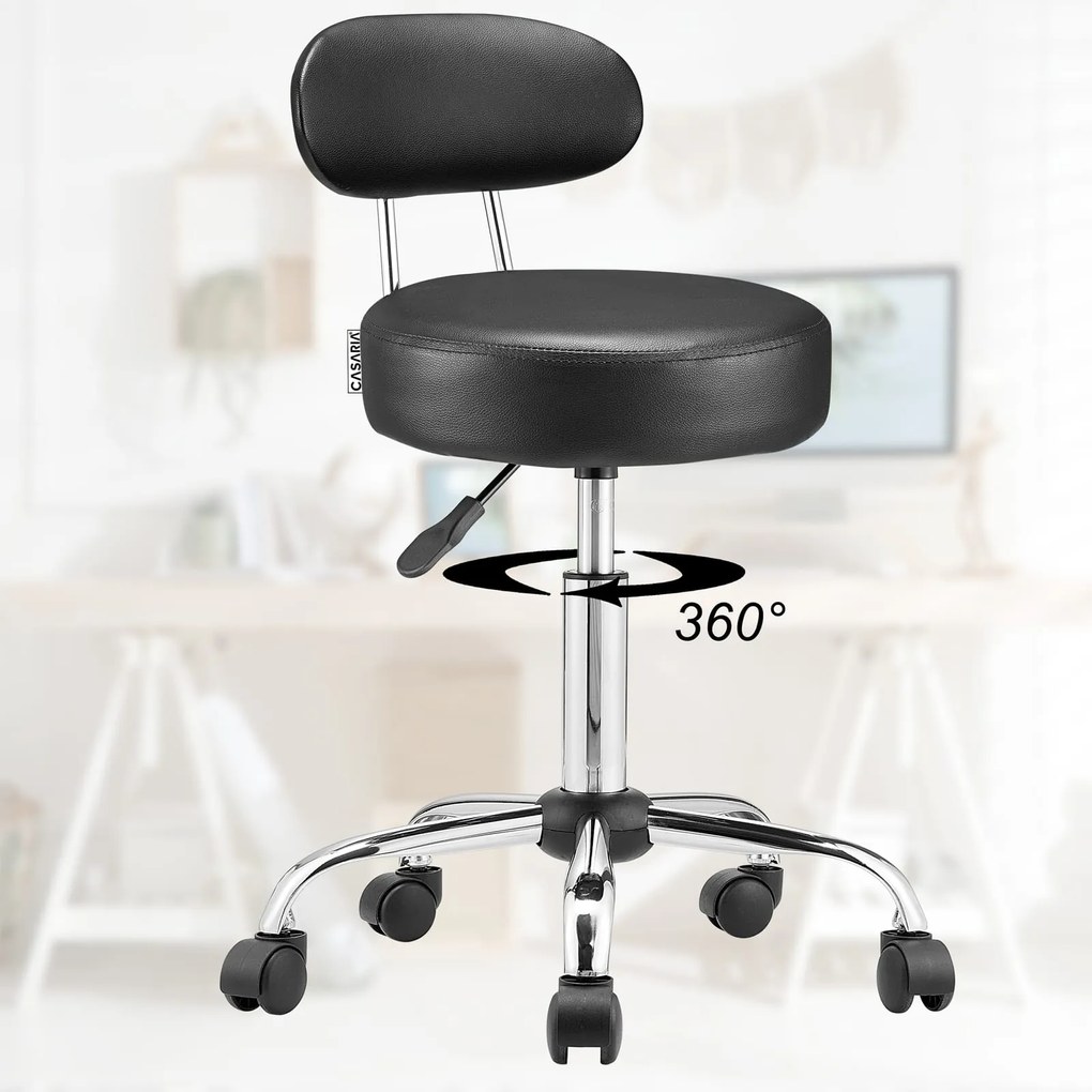 Taboretka na kółkach z oparciem ROLAND, Ø35cm, czarna Casaria