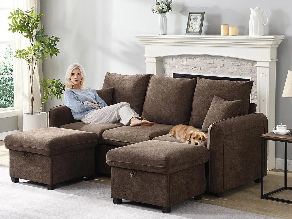 Wielofunkcyjna narożna kanapa w kształcie litery U - 3 miejsca - z funkcją przechowywania - z szufladami - brązowy