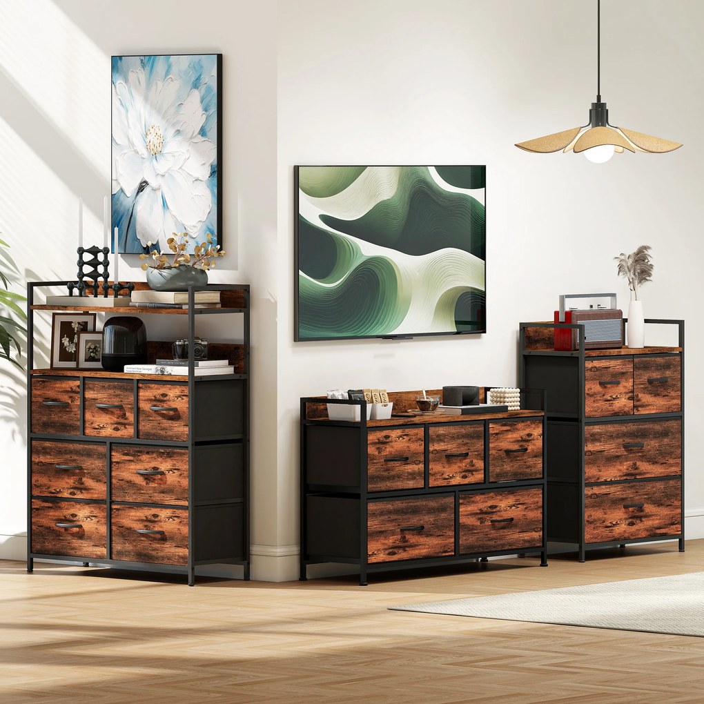 HOMCOM Komoda z Składanymi Szufladami z Tkaniny, Blat z Melaminy, Rama Stalowa, Brąz