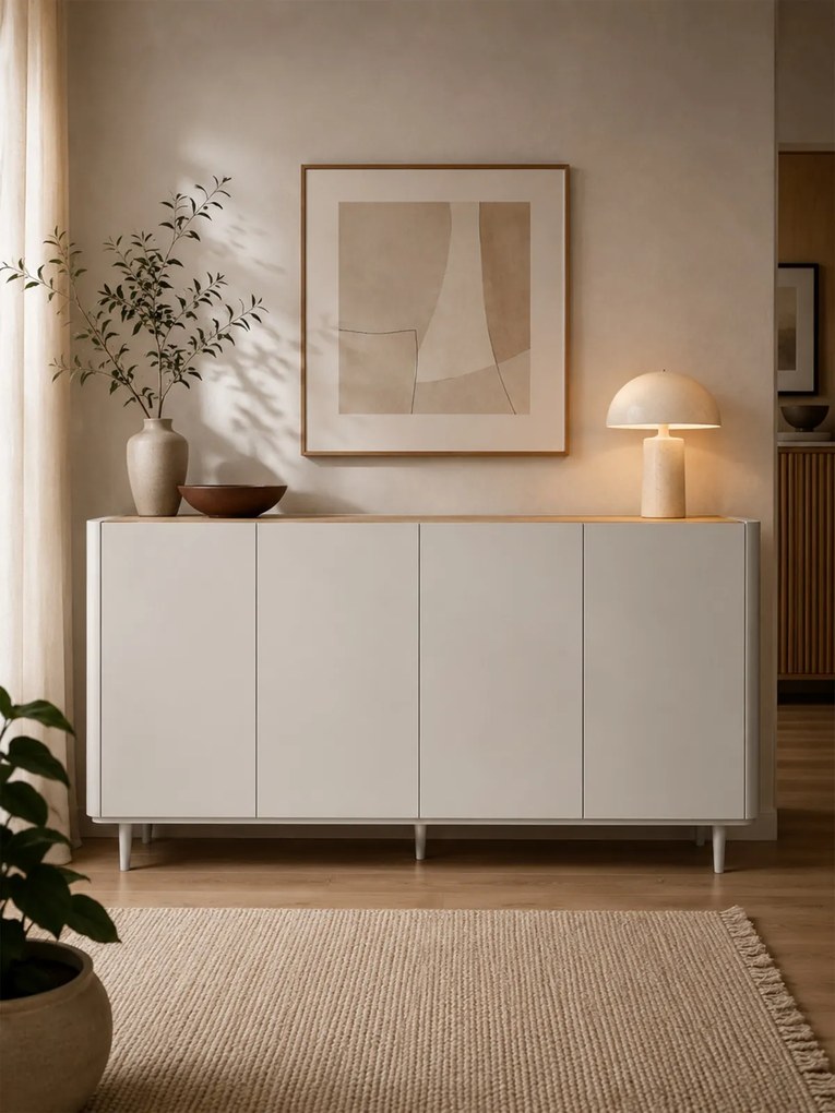 Komoda Elivo 200 cm czterodrzwiowa na nóżkach - kaszmir / dąb olejowany