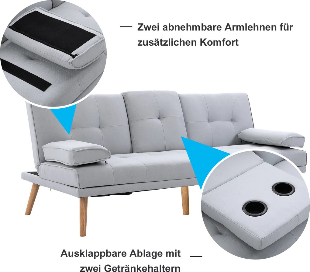 HOMCOM Sofa Rozkładana na 3 Osoby Kanapa do Spania Len Jasnoszara 181x77x72cm | Aosom PL