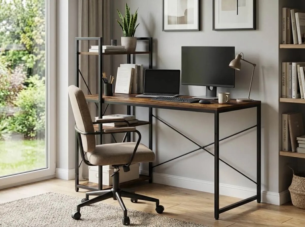 Biurko z regałem LOFTY 120x60 cm, czarne / rustykalnie brązowe