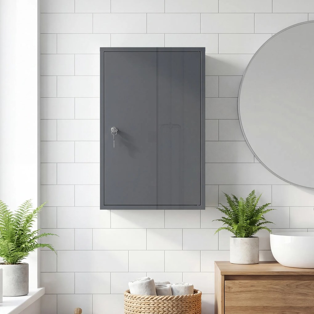 kleankin Wisząca szafka na leki, szafka łazienkowa z 3 półkami, 2 kluczami, 40 x 18 x 60 cm, szary | Aosom PL