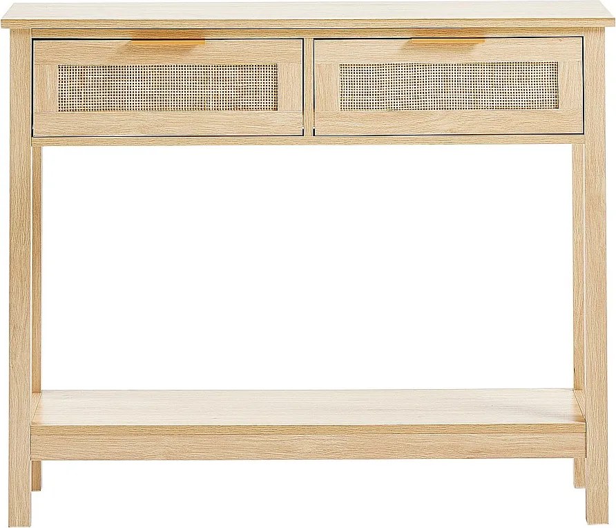 Rattanowy Stolik Konsolowy SucceBuy z 2 Szufladami i Drzwiami Przesuwnymi, Wykończenie Naturalne