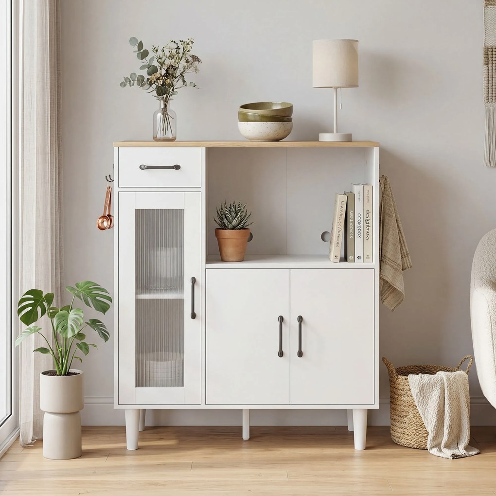 HOMCOM Kredens kuchenny z szufladą, 2 szafkami, otwartą półką, prążkowanymi drzwiami z akrylu 80 x 34 x 91 cm Biały + Dąb | Aosom PL