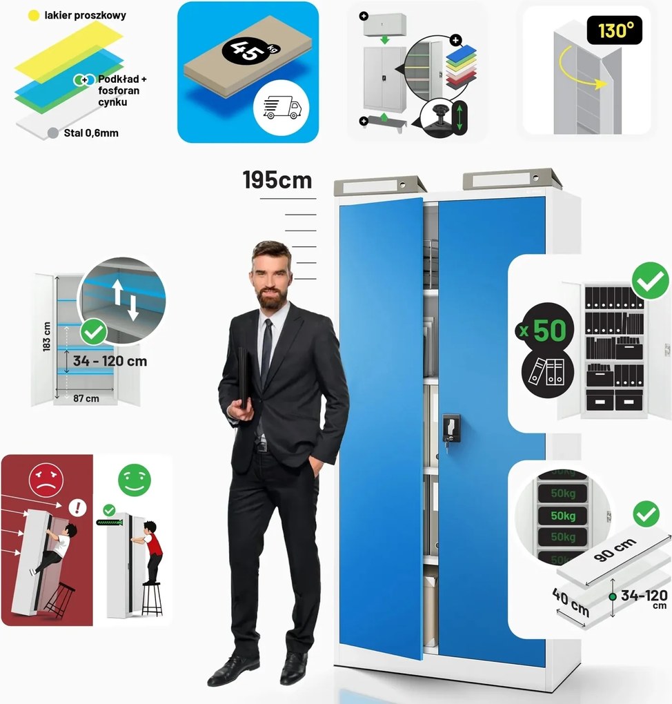 Szafa biurowa na akta wysoka Jan H 90x40x195 cm szary/niebieski