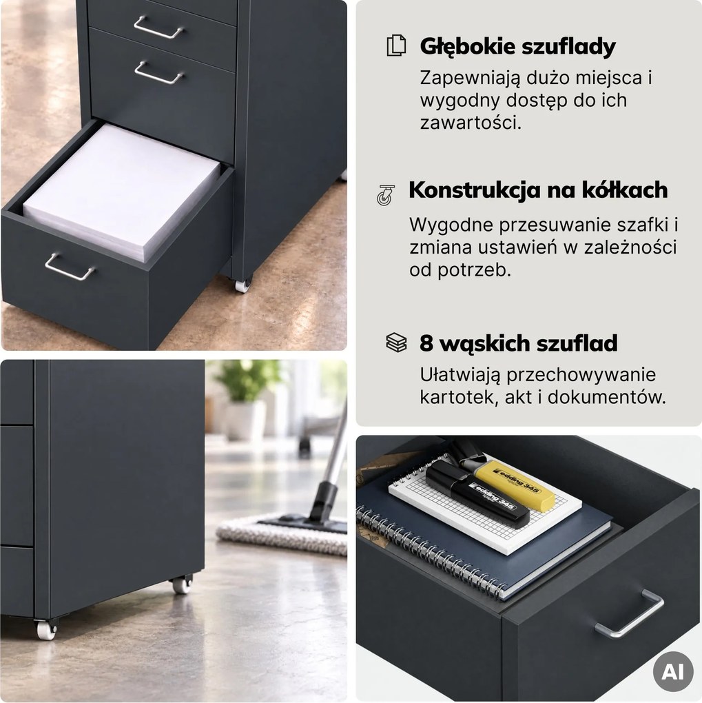 Szafka kartotekowa na kółkach, metalowa, 8 szuflad, na dokumenty, antracytowa, 300x1100x600 mm: SARA V8