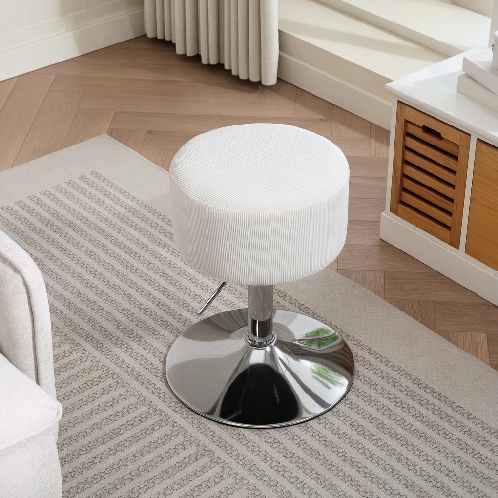 HOMCOM Stołek Barowy, Wyściełany z Metalową Ramą, Wygląd Kordu, Regulowana Wysokość, Obrotowy 360°, Biały