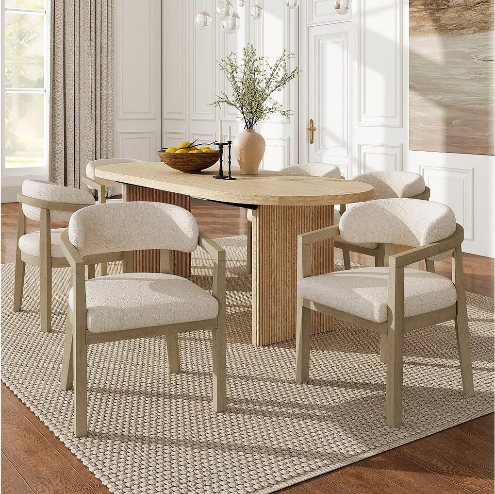 Zestaw 6 krzeseł do jadalni z litego drewna - 58 x 58 x 78 cm - Styl nowoczesny - tapicerka pętelkowa - naturalny