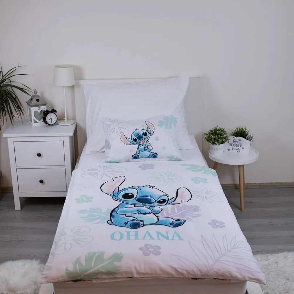 Biała bawełniana pościel dziecięca do łóżeczka 100x135 cm Lilo and Stitch "Ohana White" – Jerry Fabrics