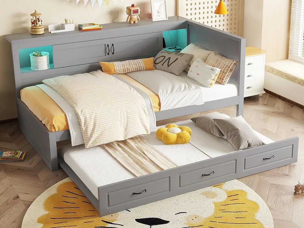 Łóżko banquette 90x200cm z LED i gniazdkami - z łóżkiem wysuwanym 90x190cm - Szare
