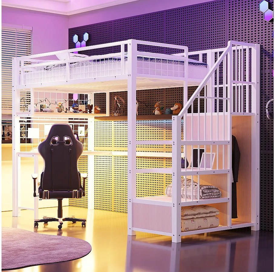Łóżko piętrowe metalowe - 90 x 200 cm - z diodami LED + gniazdko elektryczne + drabinka + biurko + półka - metalowe - białe