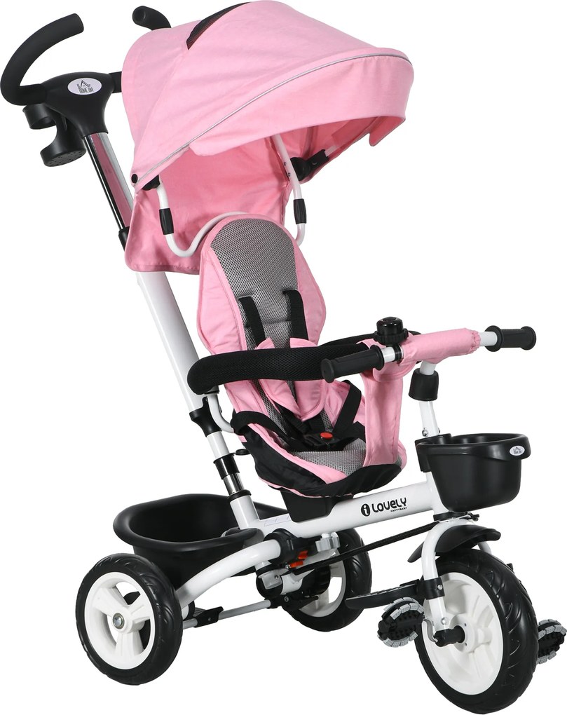 HOMCOM 6-w-1 Dziecięce Trójkołowiec z Rączką do Pchania, Daszek, Pas bezpieczeństwa, Koszyk, 18+ Miesięcy, Różowy