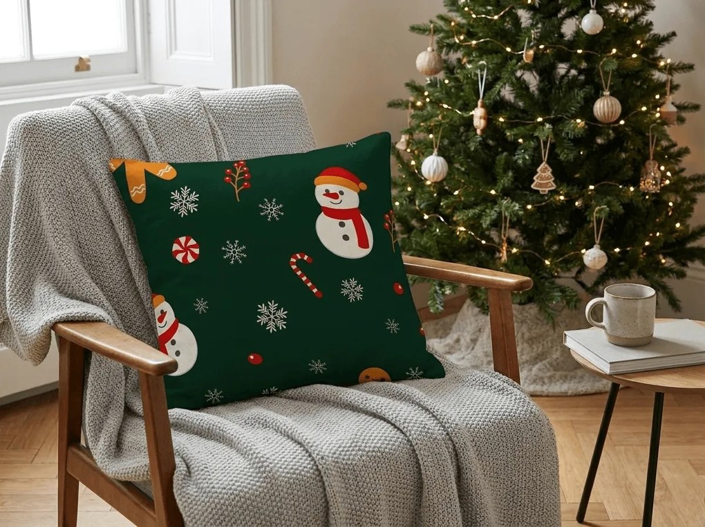 Poszewka na poduszkę z mikrofibry SNOWMAN AND GINGERBREAD 45x45 cm, zielony
