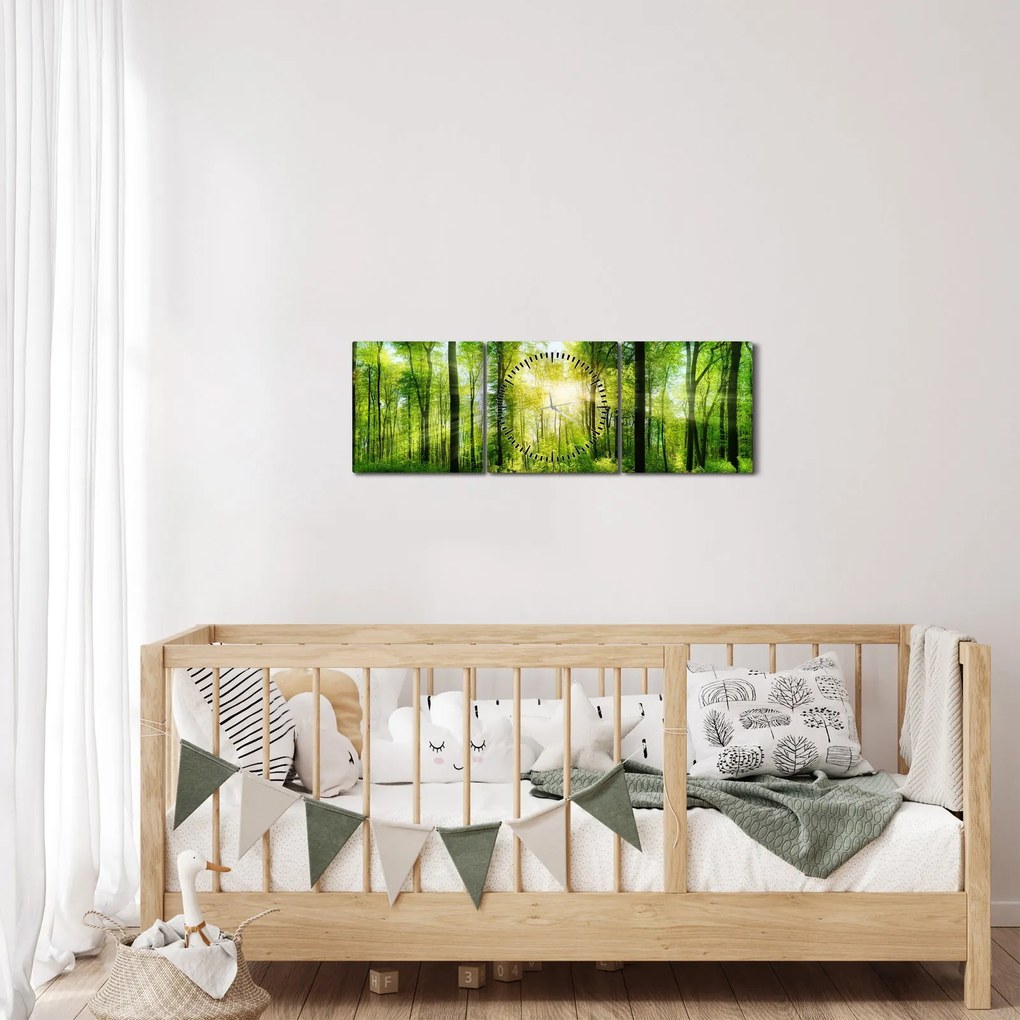 Obraz - Świt w lesie (z zegarem) (90x30 cm)