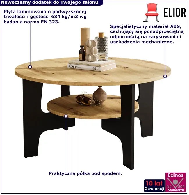 nowoczesny Okrągły kawowy stolik z półką dąb artisan + czarny Sasut