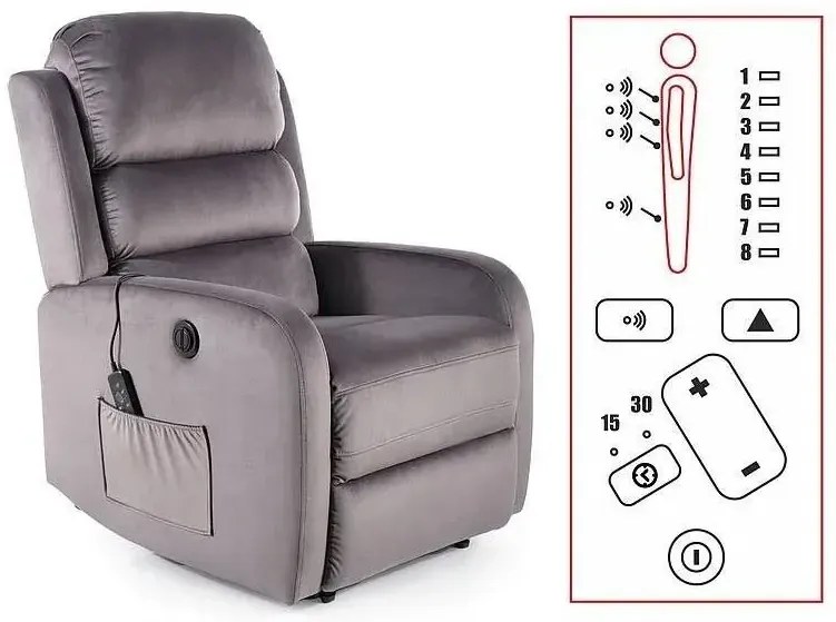 Fotel rozkładany PEGAZ VELVET M szary masujący SIGNAL