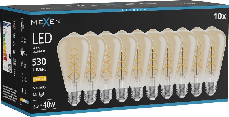 Mexen Vintis 10x żarówka filament spirala LED E27, ST64, 6W, Ciepła - 2700K, 530 lm, amber - L162-E27-0627-50x10