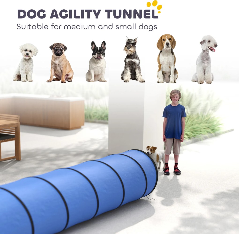 PawHut Tunel Agility dla psów 300 x 50 cm, tunel dla psów z 4 kotwami gruntowymi, torbą transportową, tunel do zabawy dla małych i średnich psów, niebieski | Aosom PL