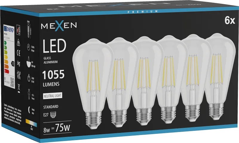 Mexen Vintis 6x żarówka filament LED E27, ST64, 8W, Neutralna - 4000K, 1055 lm, clear - L152-E27-0840-00x06