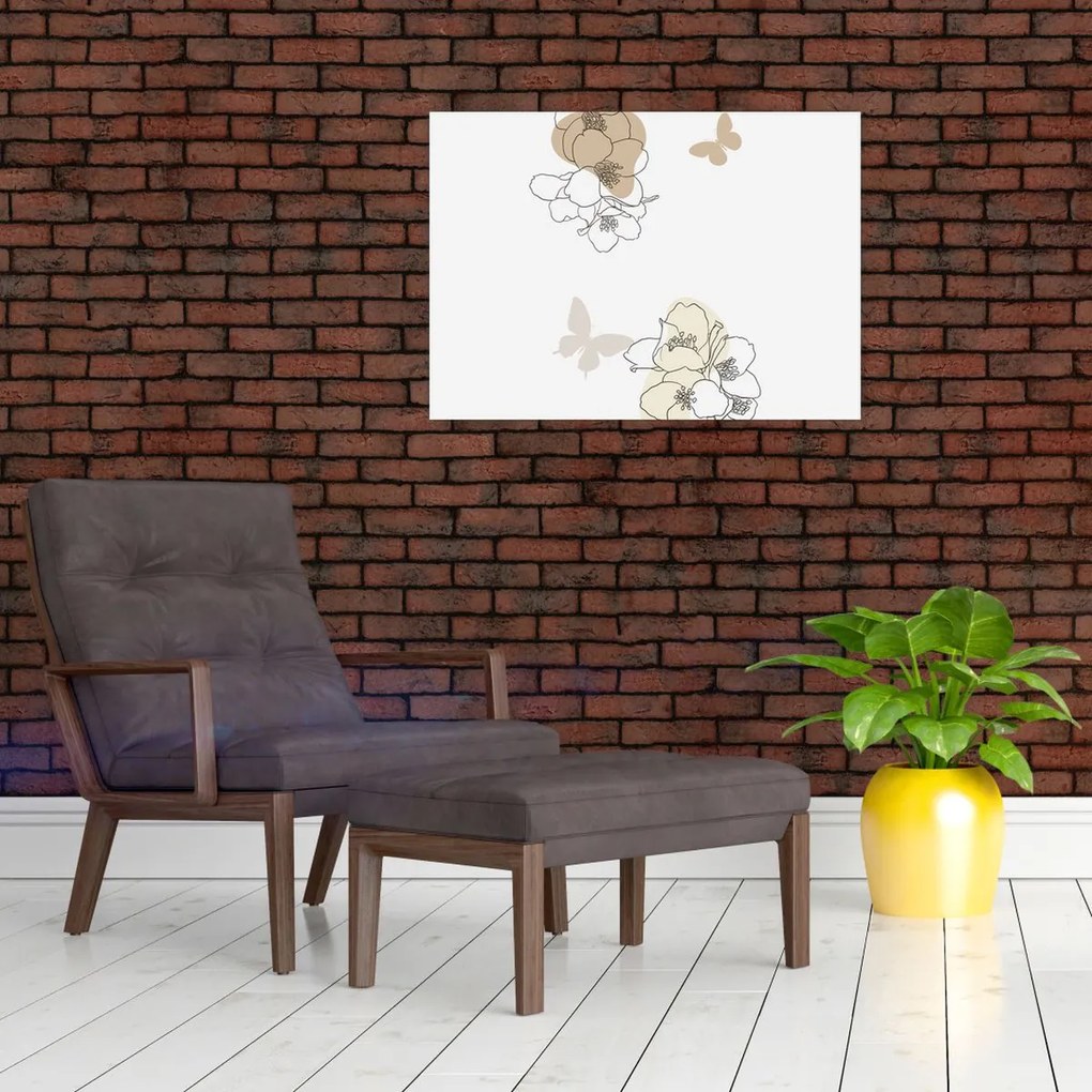Obraz na szkle - Beżowe kwiaty z motylem N⁰2 (70x50 cm)