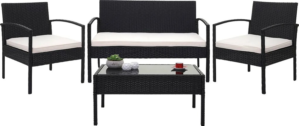 Zestaw polirattanowy MCW-F56 (4-częściowy),  czarny, poduszki kremowe