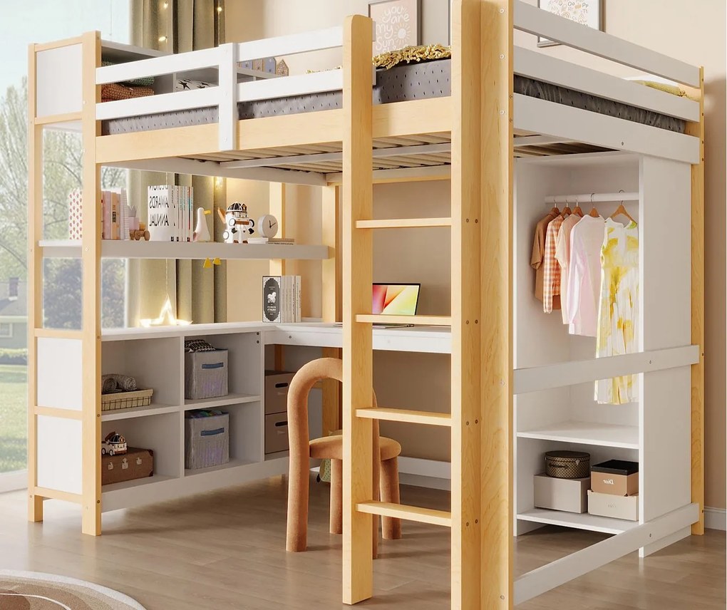 Łóżko na antresoli 140x200 cm - z miejscem do przechowywania - z biurkiem i wieszakiem - Naturalny​ (materac nie jest wliczony w cenę)