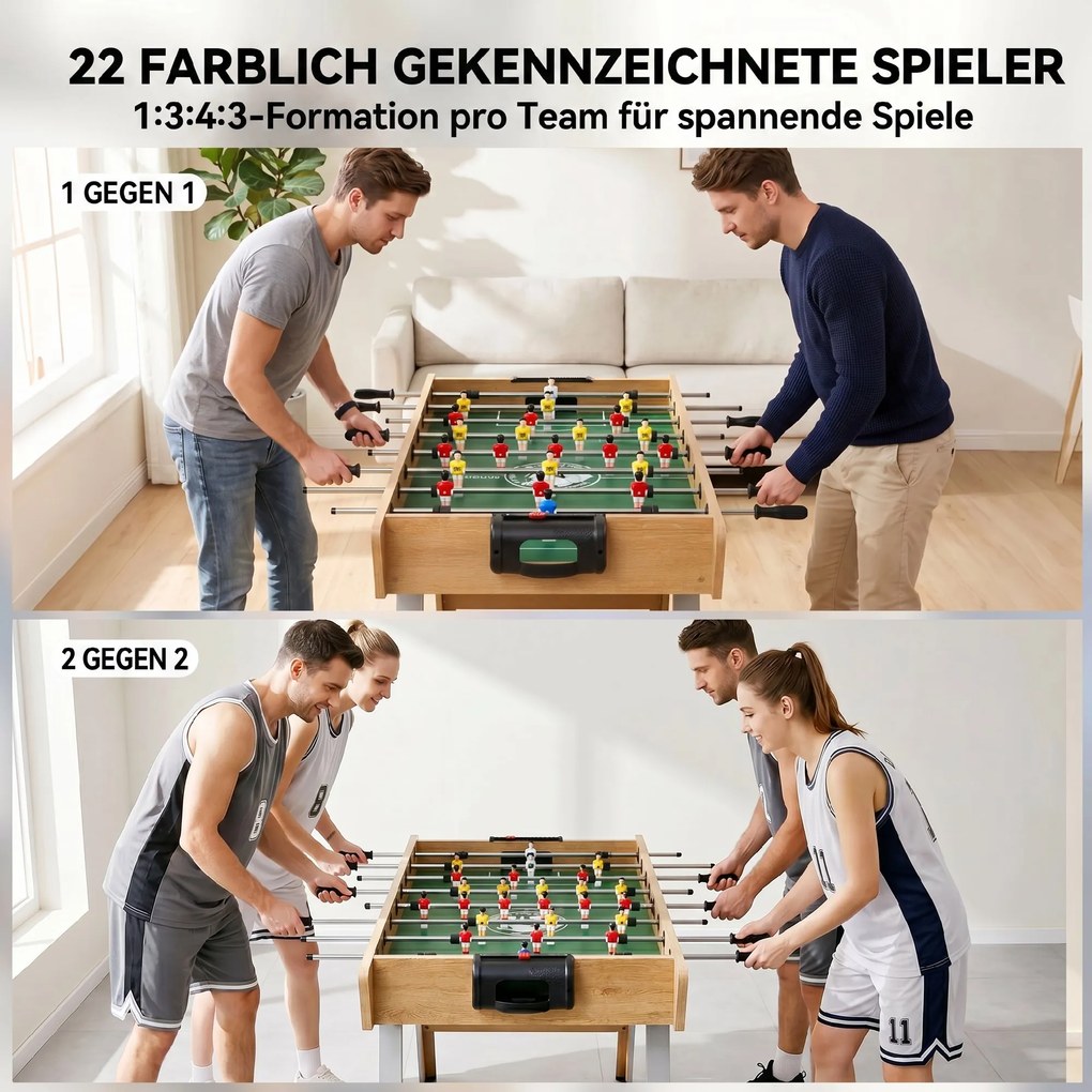 SPORTNOW Stół do piłkarzyków Kickertisch inkl 22 figurki 2 piłki Antypoślizgowe uchwyty Liczniki punktów Skośne nogi 121x87x77cm Drewno naturalne | Aosom PL