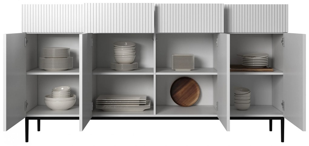 Komoda czterodrzwiowa Nicole 200 cm z szufladami z ryflowanym frontem - biały mat / czarne nóżki