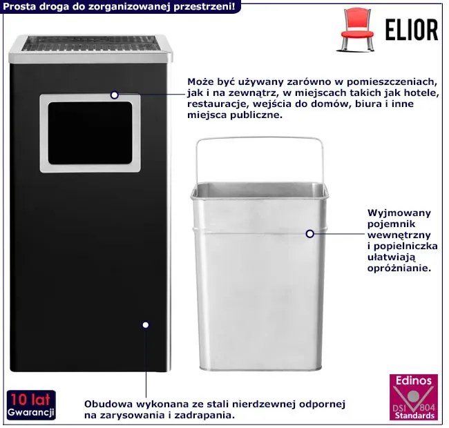Stalowy czarny kosz na śmieci z popielniczką 45L C3-K30