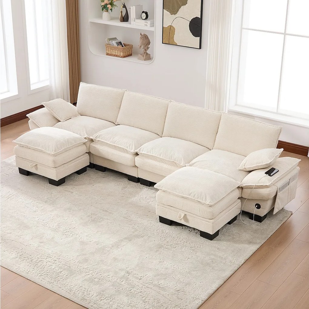 Zestaw wypoczynkowy z tkaniny sztruksowej 4-osobowy - 330 x 132 x 84 cm - z 2 pufami ze schowkiem + port USB + kieszenie - beżowy