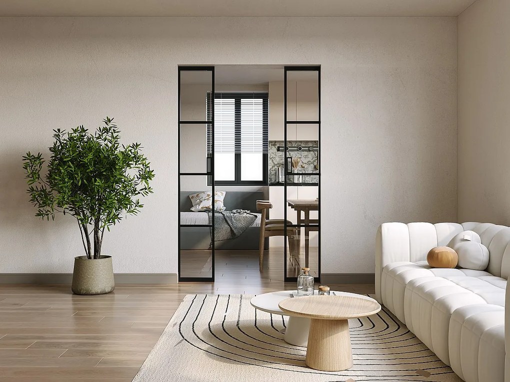 Drzwi przesuwne podwójne chowane w ścianie z aluminium i szkła hartowanego - 2 x wys. 205 x szer. 83 cm - WILDEN II