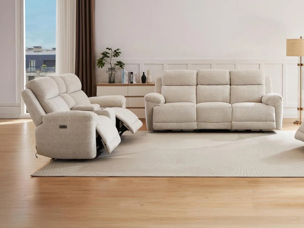 Kanapa 3-osobowa i 2-osobowa z elektryczną funkcją relax i beżową melanżową tapicerką - KELUNO