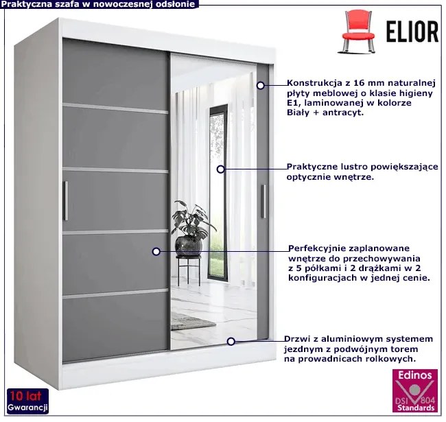Szafa przesuwna 150 cm biel + antracyt - Marmos 4X