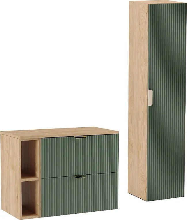 Zestaw Łazienkowy 80cm Szafka Blat Regał Słupek Ryflowane Fronty Zielony / Dąb Orzech