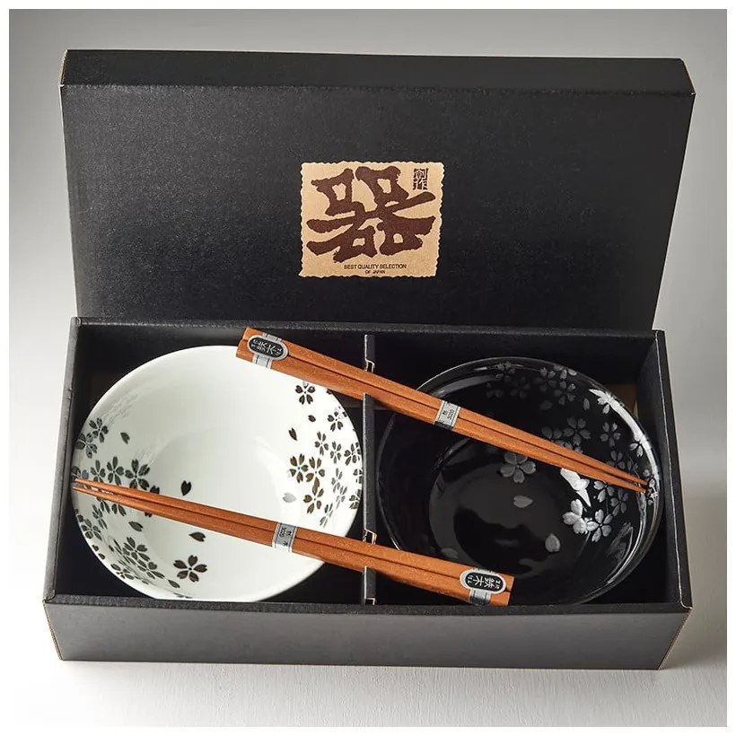 Zestaw 2 czarno-białych ceramicznych misek i pałeczek MIJ Sakura