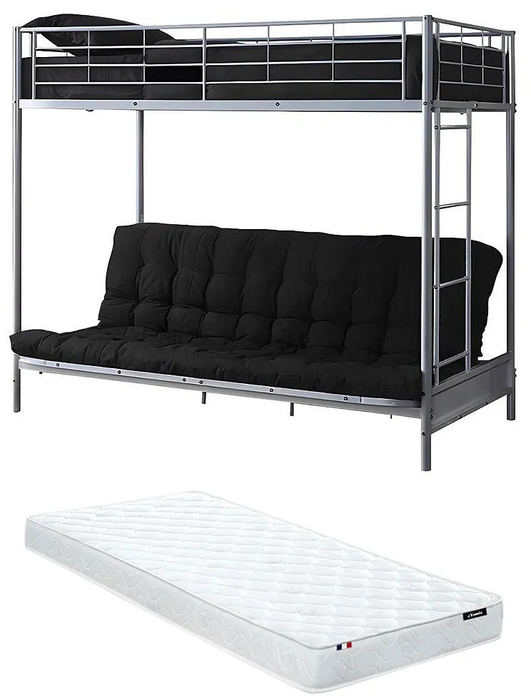Łóżko na antresoli 90 x 190 cm - Z rozkładaną ławką - Metal - Srebrny + Futon + Materac - MODULO V