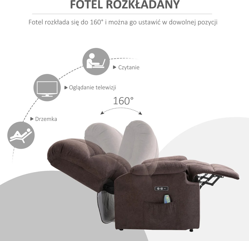 HOMCOM Fotel masujący z funkcją wstawania i ogrzewania regulowany kąt nachylenia z pilotem plusz brązowy | Aosom PL
