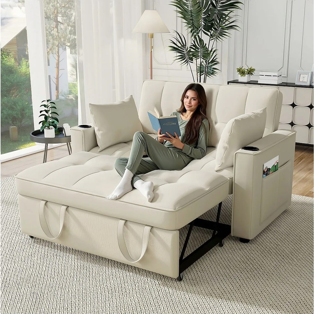 Beżowa sofa 2-osobowa - Sofa rozkładana z uchwytem na kubek i schowkiem - poduszki i kółka