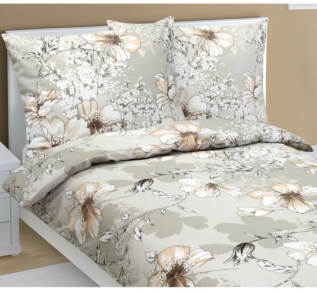 Bellatex Pościel flanelowa Hibiskus kawowy, 140 x 220 cm, 70 x 90 cm, 140 x 220 cm, 70 x 90 cm