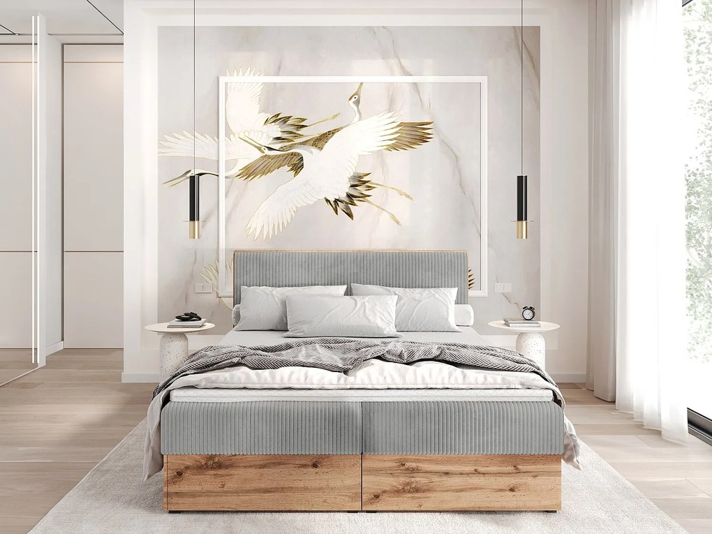 Łóżko kontynentalne TILIA-140x200cm Pojemniki na pościel|Topper|Łóżko podwójne|Materac bonellowy|Tkanina sztruksowa|Łóżko tapicerowane|Płyta Wotan-Jasnoszary