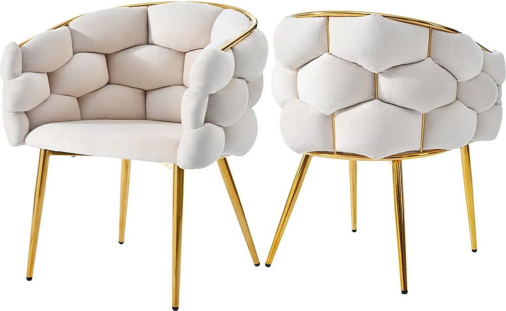 Zestaw 2 beżowych krzeseł do jadalni z aksamitu z tapicerowanym oparciem i złotą metalową ramą