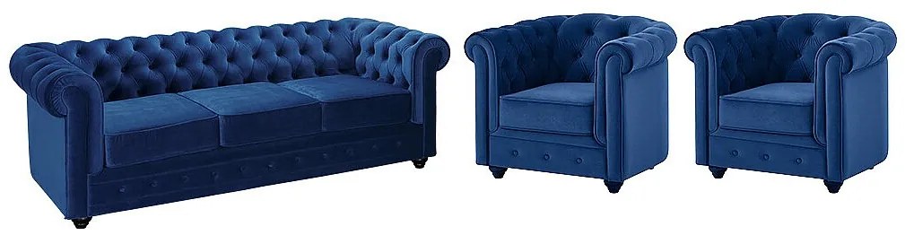 Kanapa 3-osobowa i 2 fotele CHESTERFIELD - Welur w odcieniu niebieskim królewskim