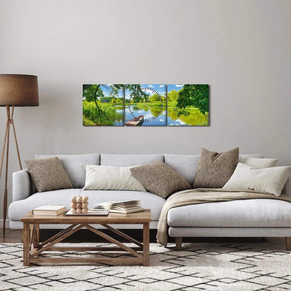 Obraz letniej rzeki z łodzią (z zegarem) (90x30 cm)