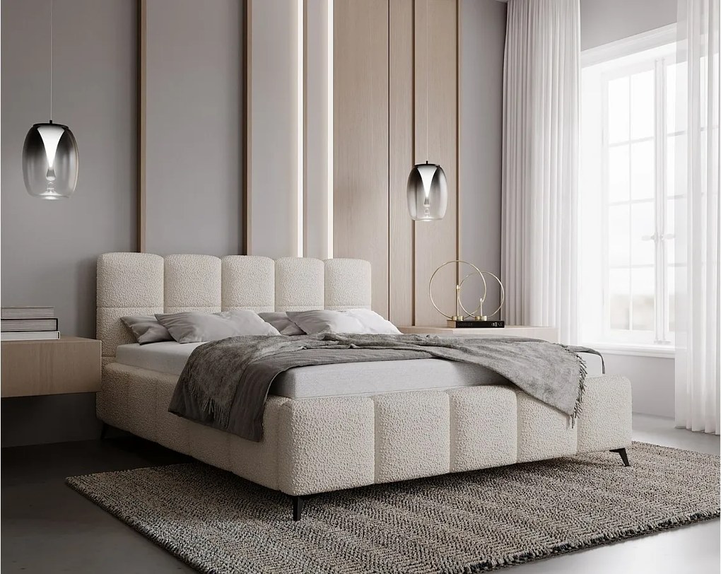 Emporius Kastilo łóżko dwuosobowe 140x200 z pojemnikiem, łóżko tapicerowane, stelaż, tkanina boucle, kremowy (Anthology 1)